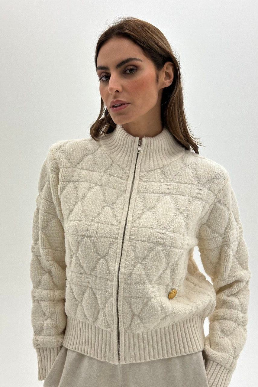 Relief-Strickjacke in Creme