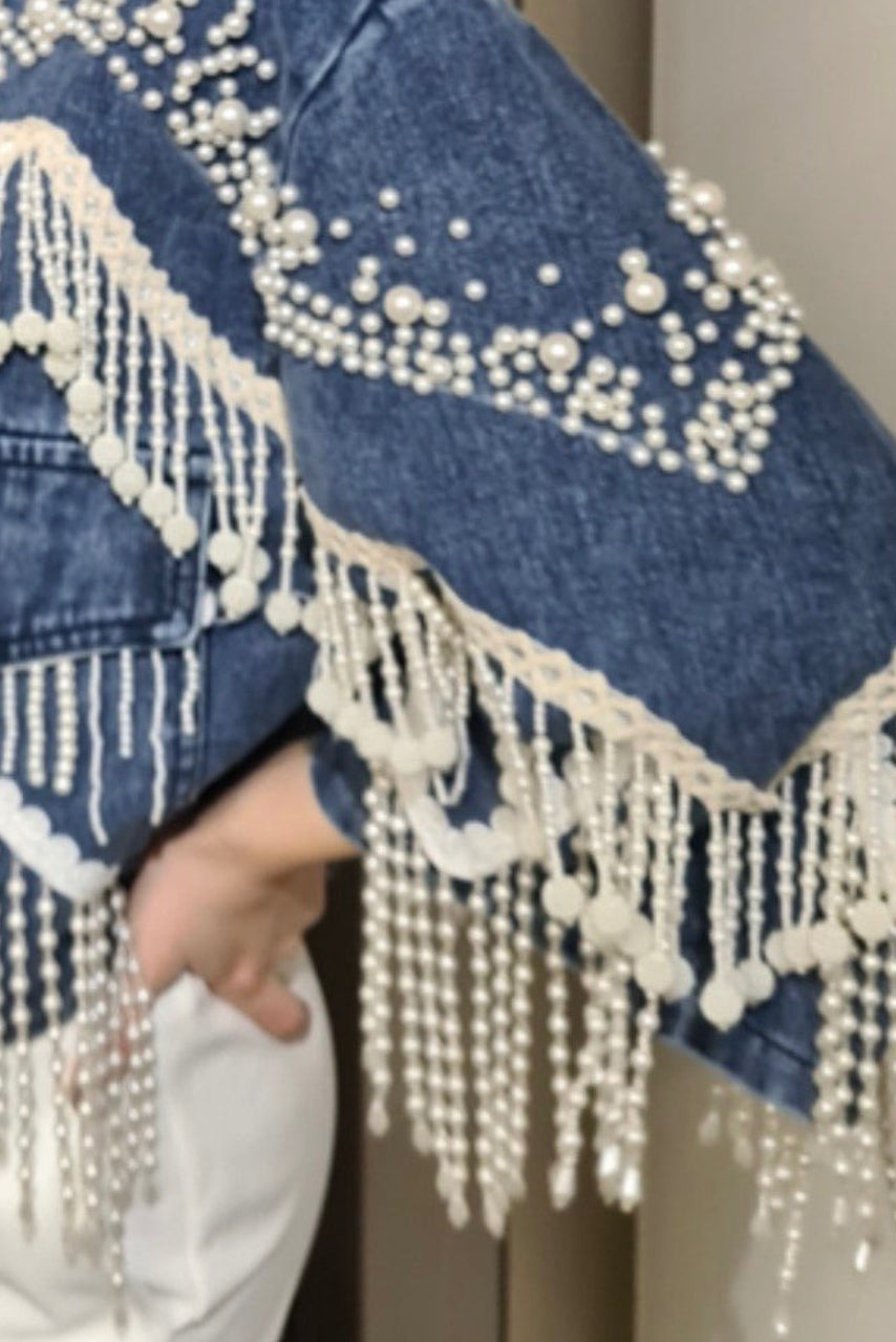 Jeansjacke mit Perlenfransen